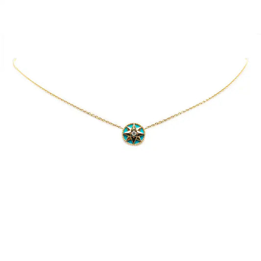 Dior 18K Yellow Gold Diamond and Turquoise Rose des Vents Necklace