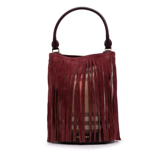 Burberry House Check Canvas and Suede Fringe Bucket Bag