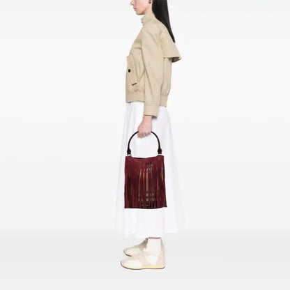 Burberry House Check Canvas and Suede Fringe Bucket Bag
