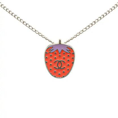 Chanel Silver Plated Enamel CC Strawberry Charm Pendant Necklace