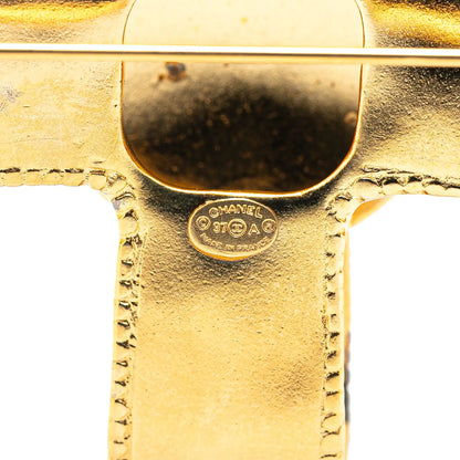 Chanel Gold Plated CC Ribbon Cross Brooch