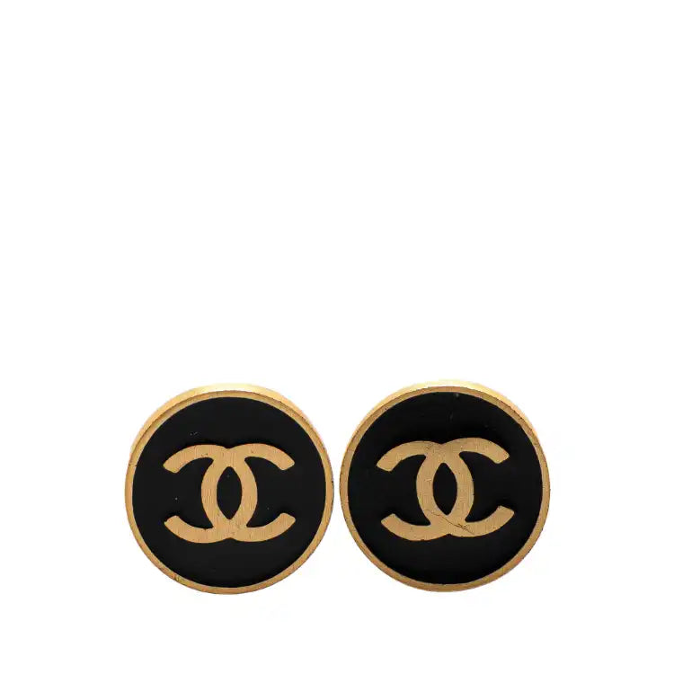 Chanel Gold Plated Enamel CC Button Clip on Earrings