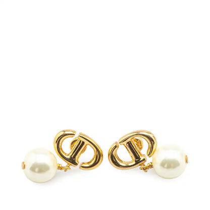Dior Gold Plated Faux Pearl CD Navy Push Back Earrings