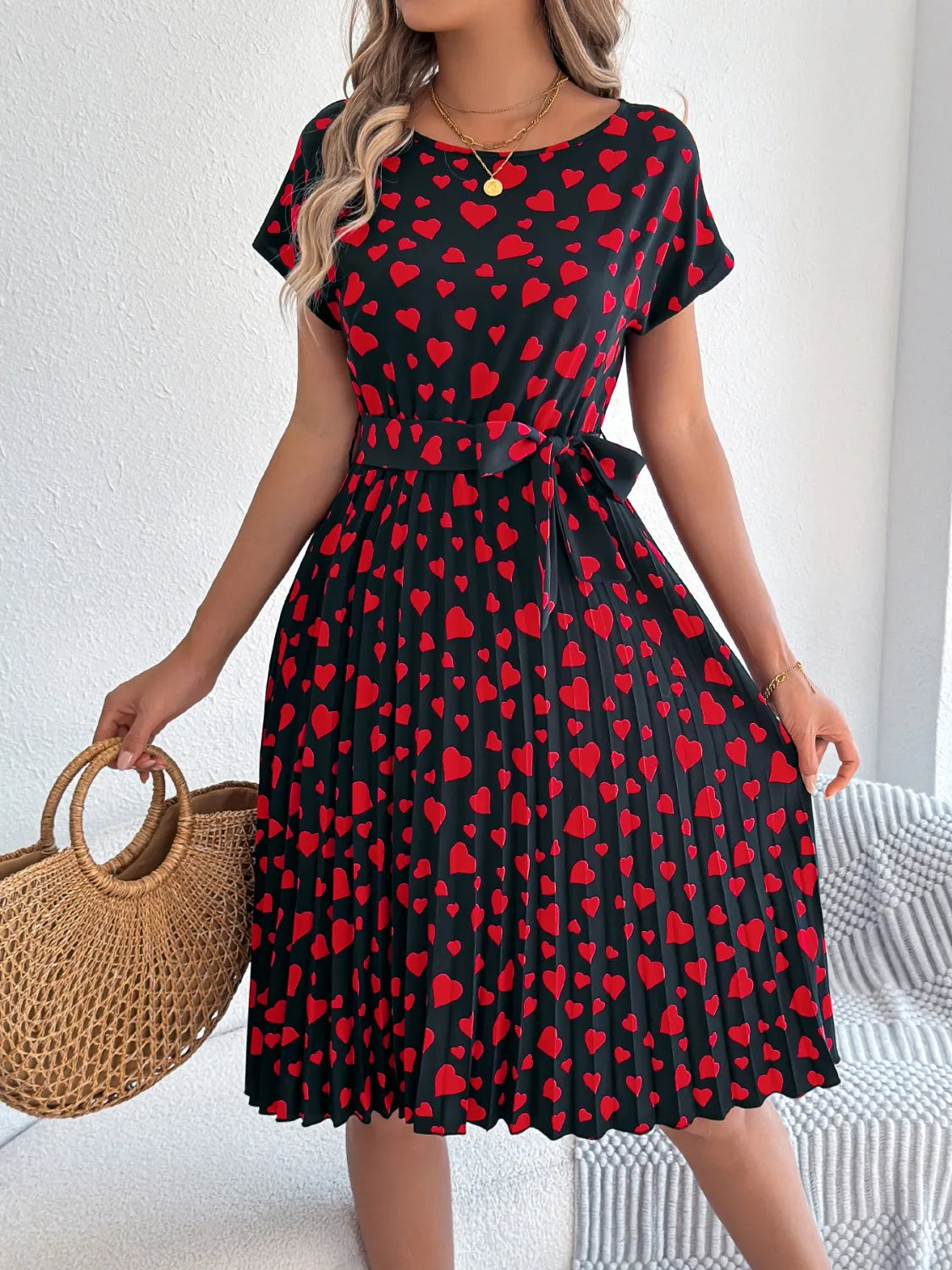 She Wears Glory™ “Hearts Set Apart” Tie-Waist Pleated Dress - She Wears Glory Beverly Hills