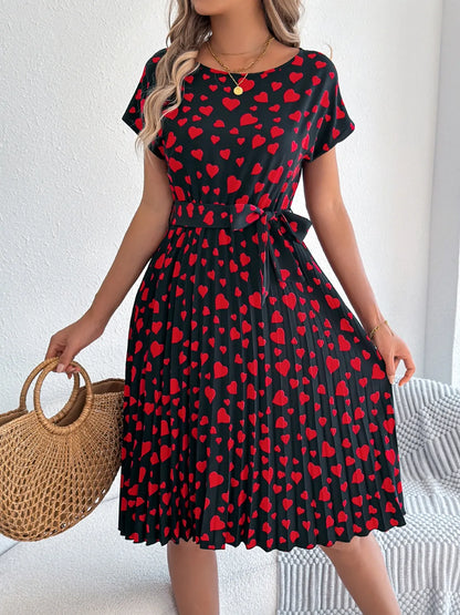 She Wears Glory™ “Hearts Set Apart” Tie-Waist Pleated Dress - She Wears Glory Beverly Hills