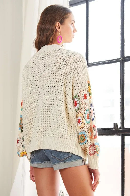 She Wears Glory™ Contrast Crochet Open Front Long Sleeve Cardigan - She Wears Glory Beverly Hills