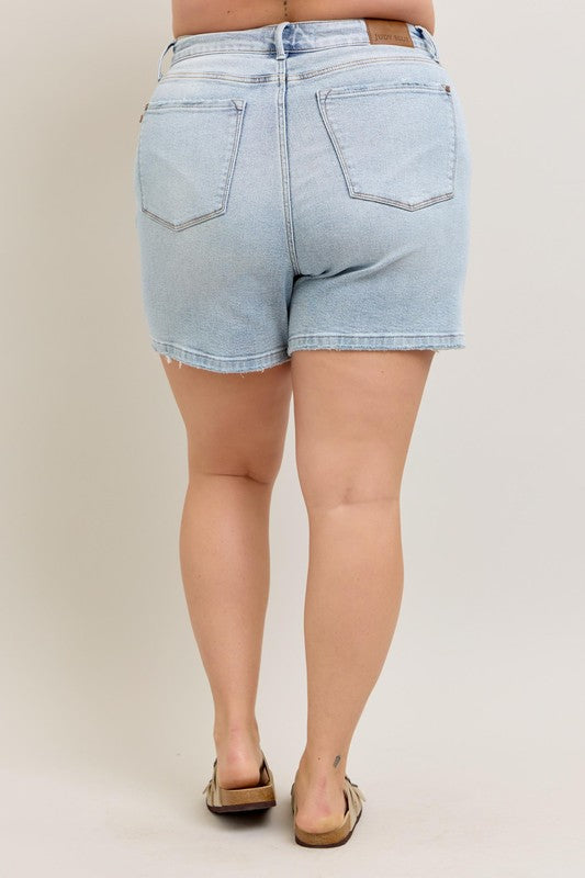 She Wears Glory™ “Summer Haven” Frayed Hem High Rise Denim Shorts with Pockets – Plus Size - She Wears Glory Beverly Hills