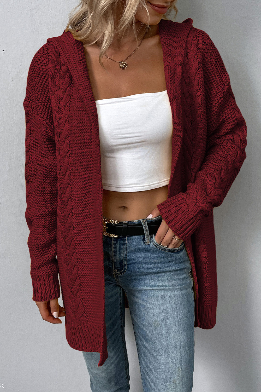 She Wears Glory™ Cable-Knit Dropped Shoulder Hooded Cardigan - She Wears Glory Beverly Hills
