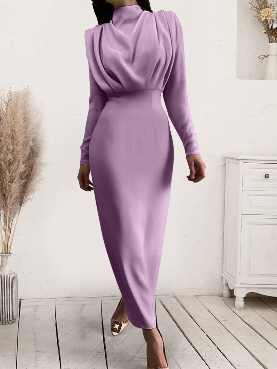She Wears Glory™ “Majestic Dignity” Ruched Turtleneck Long Sleeve Dress - She Wears Glory Beverly Hills