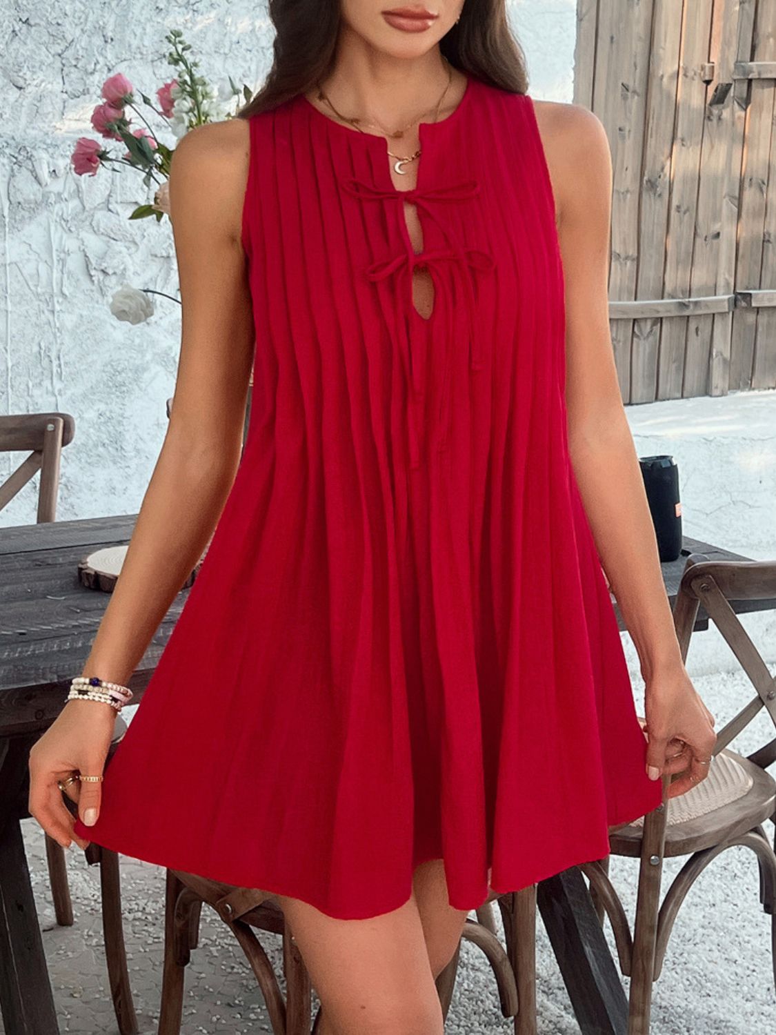 She Wears Glory™ “Divine Appointed” Pleated Tie-Waist Mini Dress - She Wears Glory Beverly Hills