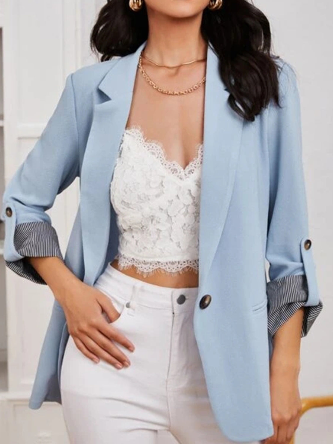 She Wears Glory “Walking in Wisdom” Roll-Tab Sleeve Blazer - She Wears Glory Beverly Hills