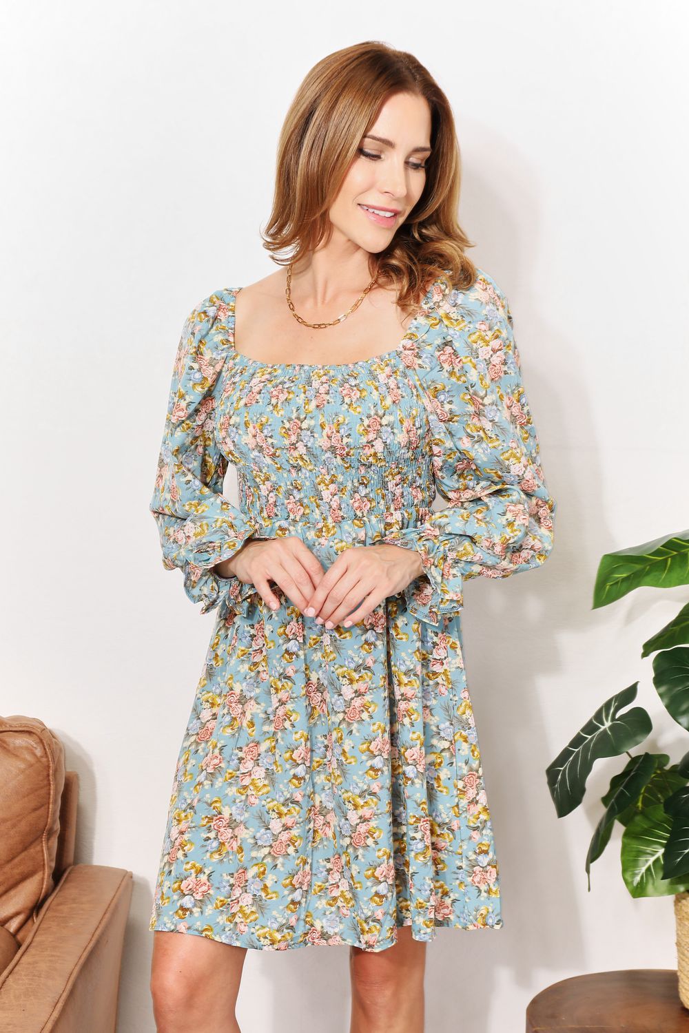 She Wears Glory™ “Eden Bloom” Honey Floral Smocked Flounce Sleeve Square Neck Dress - She Wears Glory Beverly Hills