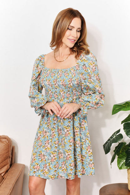 She Wears Glory™ “Eden Bloom” Honey Floral Smocked Flounce Sleeve Square Neck Dress - She Wears Glory Beverly Hills