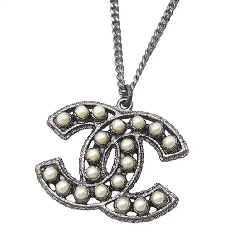 Chanel CC Silver Plated Faux Pearl Pendant Necklace