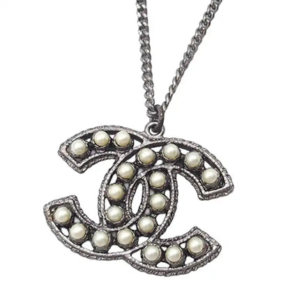 Chanel CC Silver Plated Faux Pearl Pendant Necklace