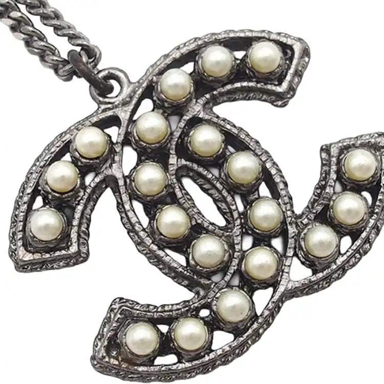 Chanel CC Silver Plated Faux Pearl Pendant Necklace