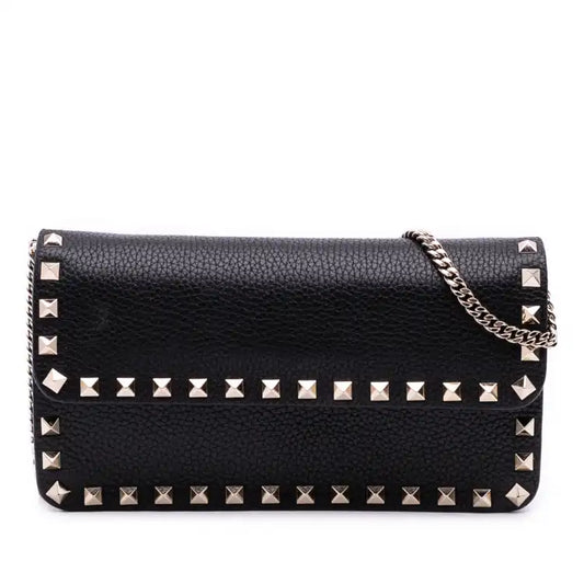 Valentino Pebbled Calfskin Rockstud Wallet On Chain