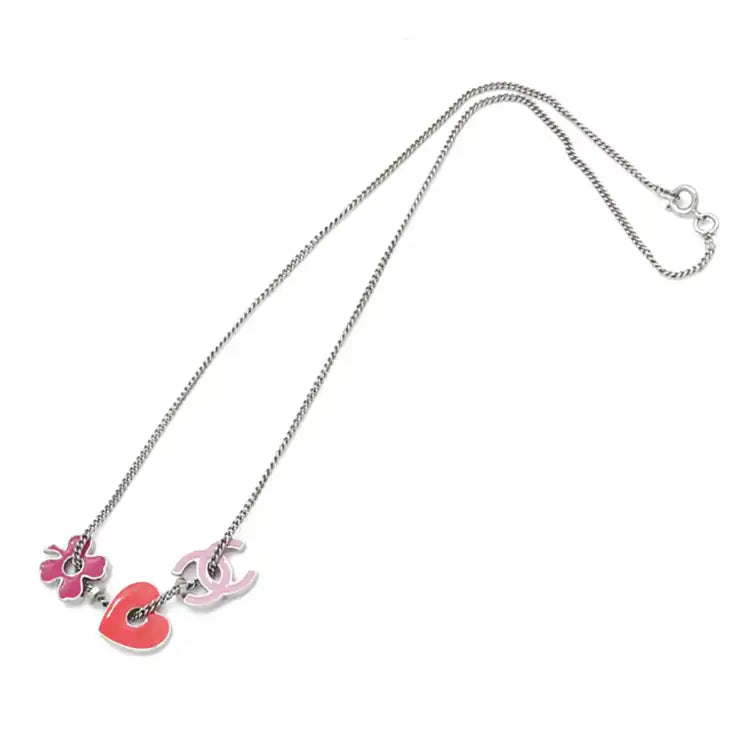 Chanel CC Silver Plated Enamel Heart and Clover Charm Pendant Necklace
