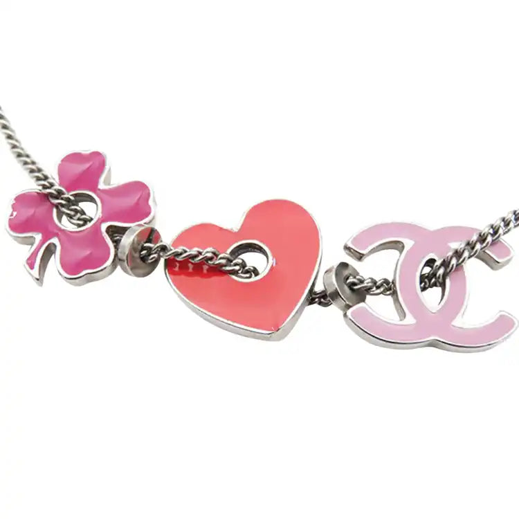 Chanel CC Silver Plated Enamel Heart and Clover Charm Pendant Necklace