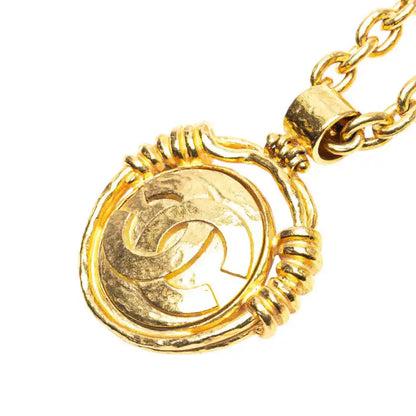 Chanel Gold Plated CC Round Mirror Pendant Necklace