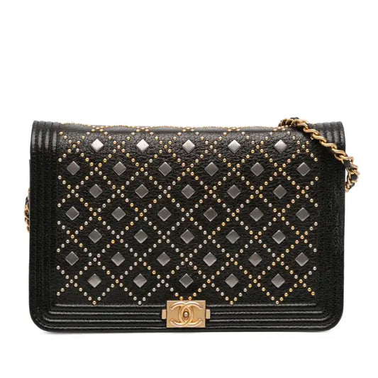 Chanel Studded Grained Calfskin Boy Wallet On Chain
