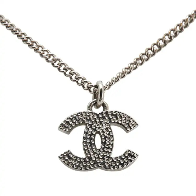 Chanel Silver Plated CC Rhinestones Pendant Necklace