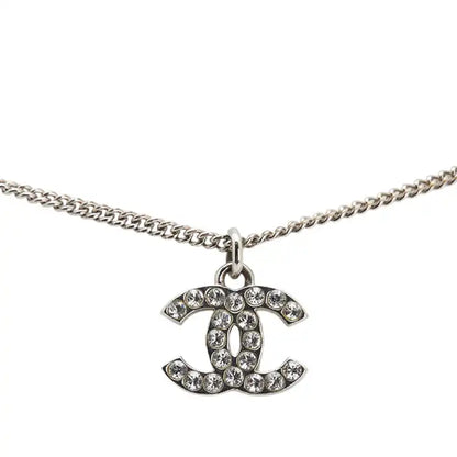 Chanel Silver Plated CC Rhinestones Pendant Necklace