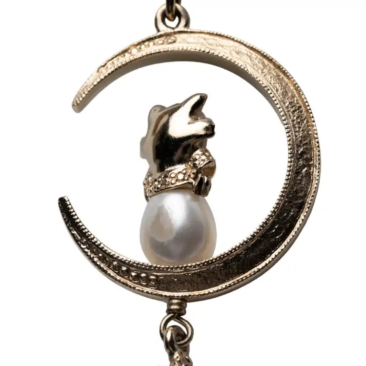 Chanel Gold Plated CC Rhinestones and Faux Pearl Sun Moon Cat Pendant Necklace