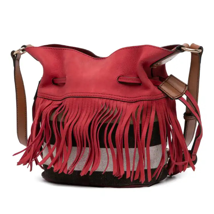 Burberry Small Mega Check Canvas and Suede Fringe Belgrove Bucket Bag