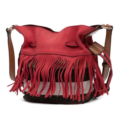 Burberry Small Mega Check Canvas and Suede Fringe Belgrove Bucket Bag