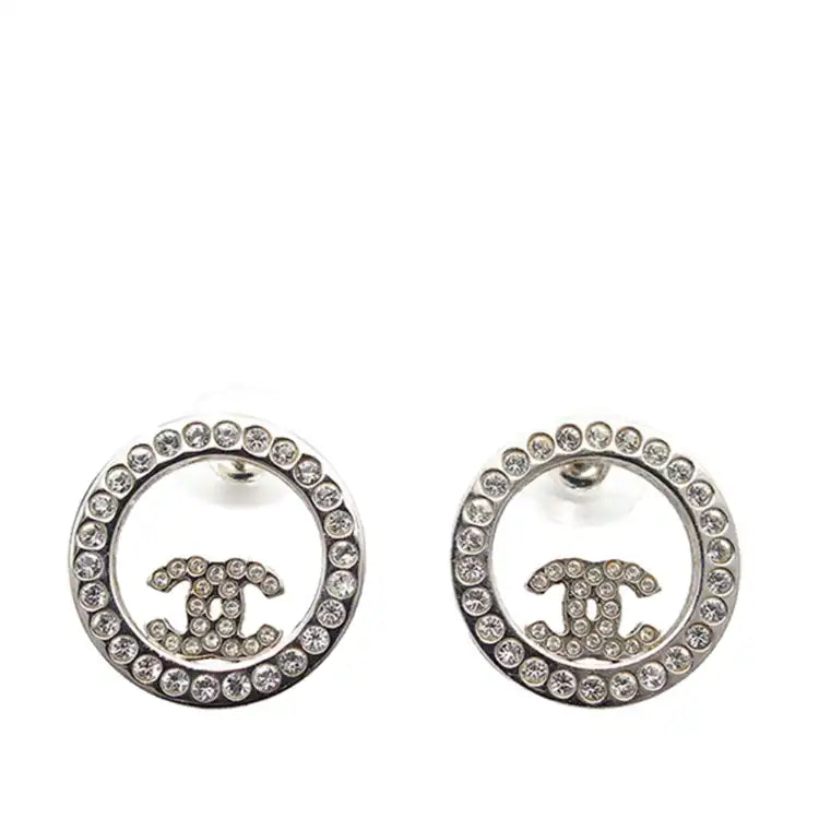 Chanel Silver Plated CC Rhinestones Round Push Back Earrings