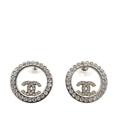 Chanel Silver Plated CC Rhinestones Round Push Back Earrings