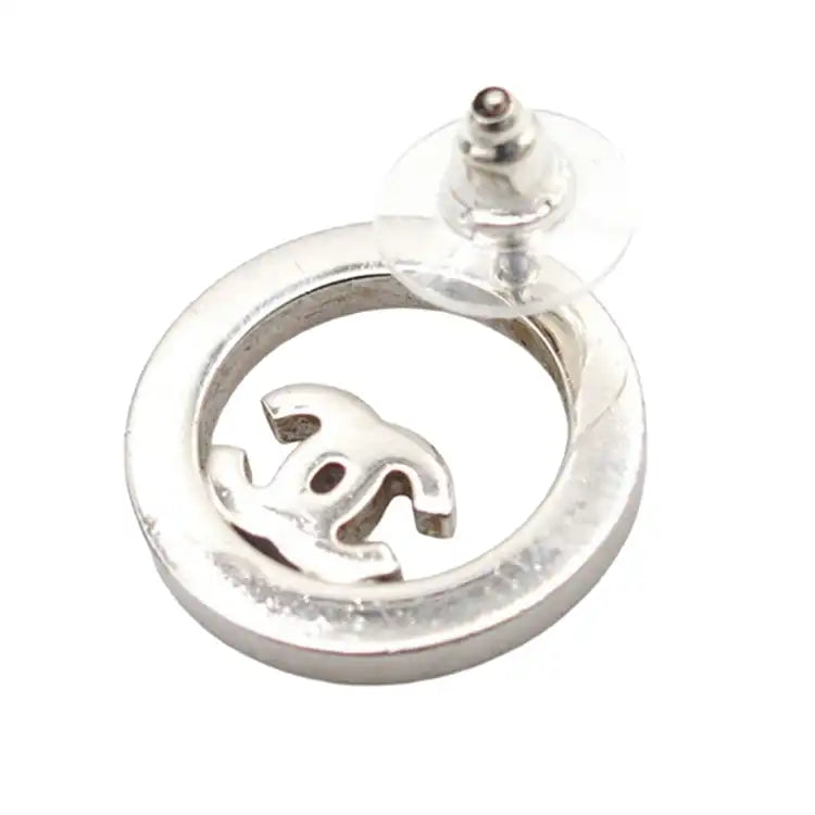 Chanel Silver Plated CC Rhinestones Round Push Back Earrings