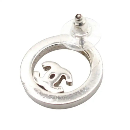 Chanel Silver Plated CC Rhinestones Round Push Back Earrings