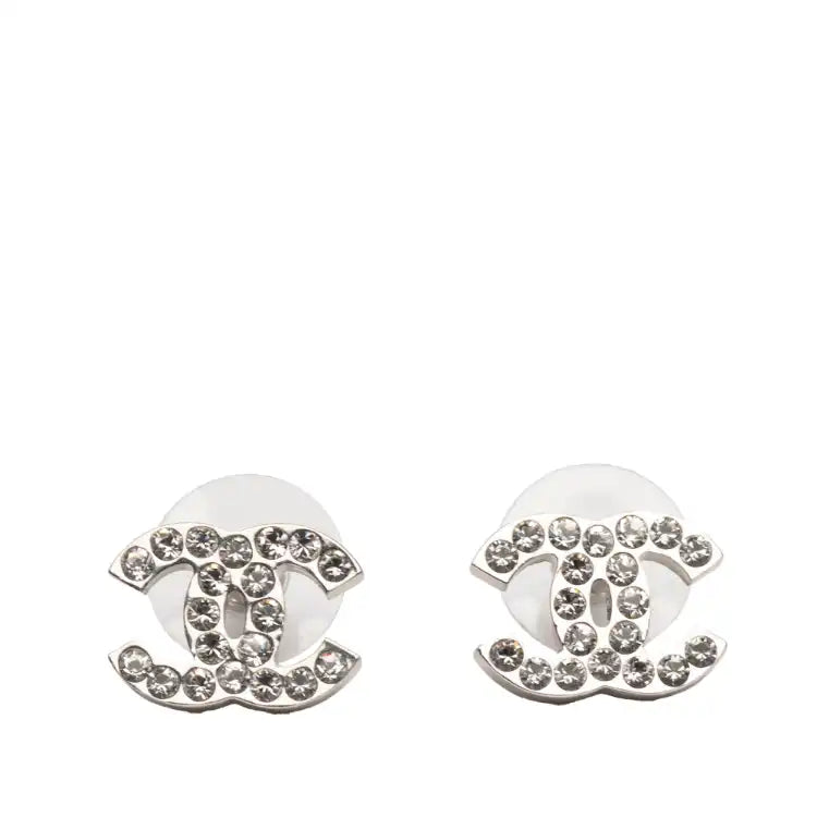 Chanel  Silver Plated CC Rhinestone Push Back Earrings