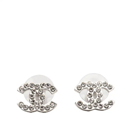 Chanel  Silver Plated CC Rhinestone Push Back Earrings