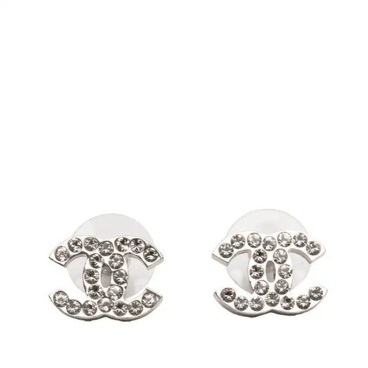 Chanel  Silver Plated CC Rhinestone Push Back Earrings