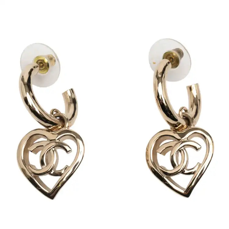 Chanel Gold Plated CC Heart Coco in Love Hoop Push Back Earrings