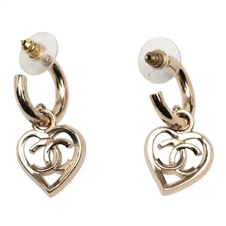 Chanel Gold Plated CC Heart Coco in Love Hoop Push Back Earrings