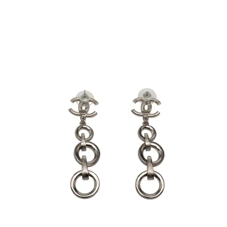 Chanel Silver Plated CC Rhinestones Dangle Push Back Earrings