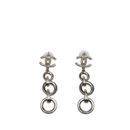 Chanel Silver Plated CC Rhinestones Dangle Push Back Earrings