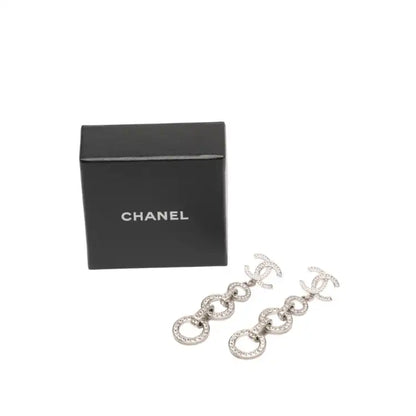 Chanel Silver Plated CC Rhinestones Dangle Push Back Earrings