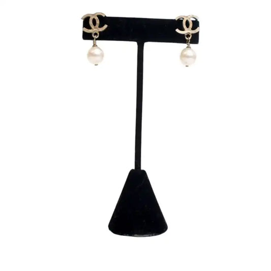 Chanel Gold Plated CC Faux Pearl Drop Push Back Earrings