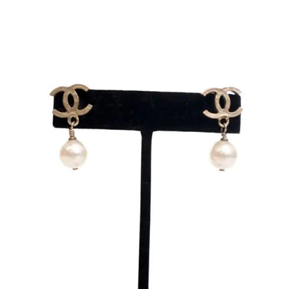 Chanel Gold Plated CC Faux Pearl Drop Push Back Earrings