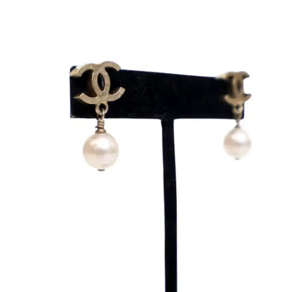 Chanel Gold Plated CC Faux Pearl Drop Push Back Earrings