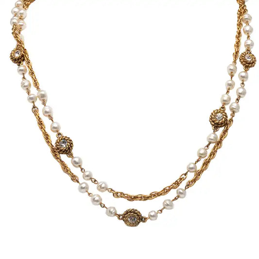 Chanel Gold Plated Rhinestone Faux Pearl Chain Long Necklace