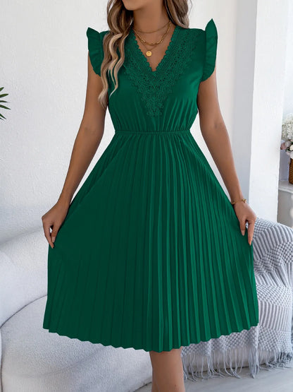 She Wears Glory™ “Whispers of Grace” Lace & Ruffle Pleated Dress - She Wears Glory Beverly Hills