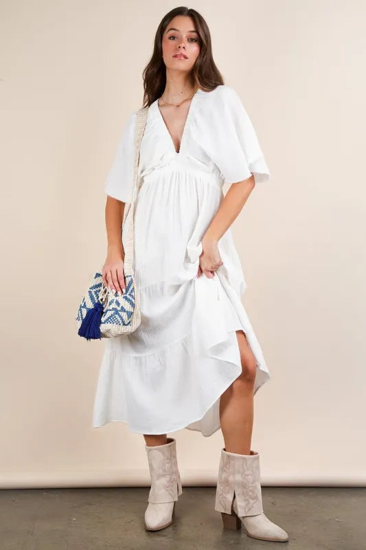 She Wears Glory™ Mineral Washed Elastic Neck Detail Midi Dress - She Wears Glory Beverly Hills