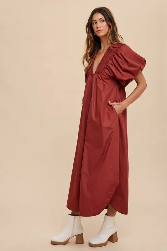She Wears Glory™ Glory Smocked Radiance Midi Dress in Soft Clay - She Wears Glory Beverly Hills