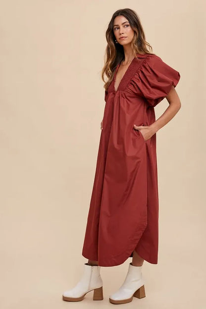 She Wears Glory™ Glory Smocked Radiance Midi Dress in Soft Clay - She Wears Glory Beverly Hills